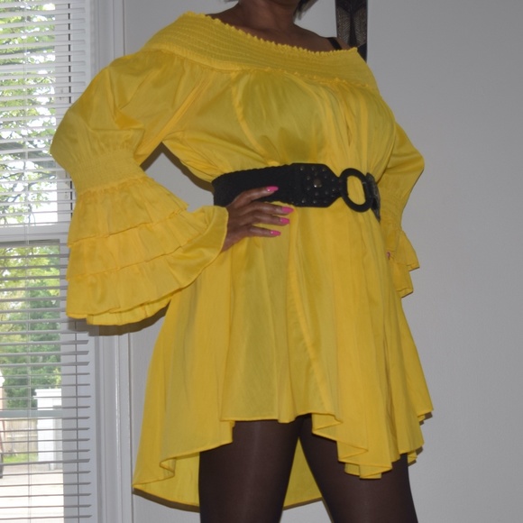 Gracia Smocked Off-the-shoulder Ruffle Sleeve Dress in Yellow - Picture 2 of 5